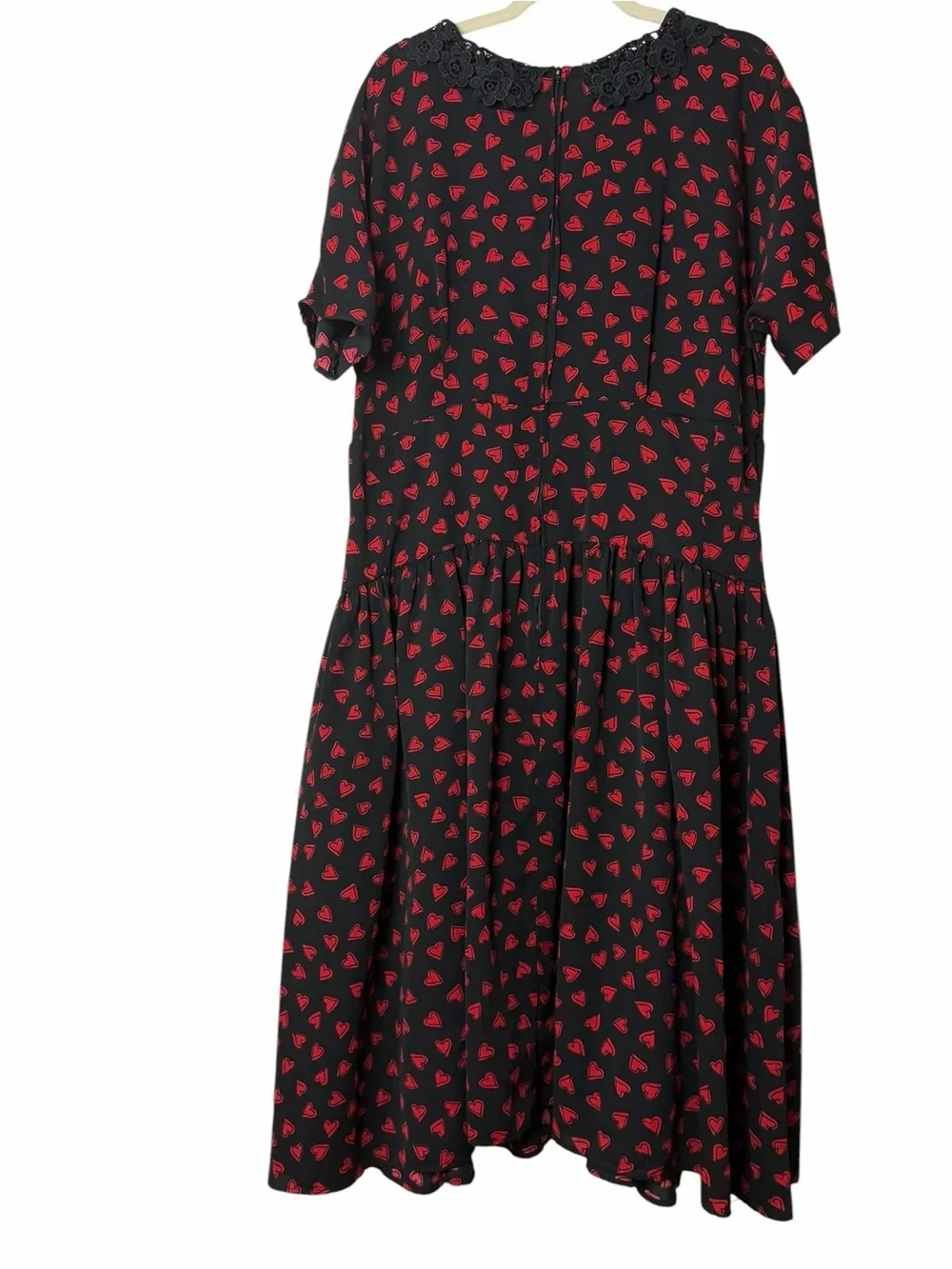 Unique Vintage Margie 1940s Heart Print Midi Dress Black Red Lace Collar 2X - Picture 8 of 9
